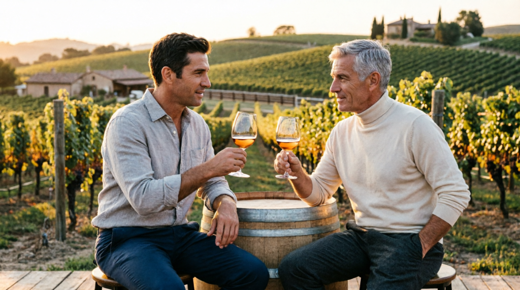 Two men toasting wine glasses together at a vineyard at sunset