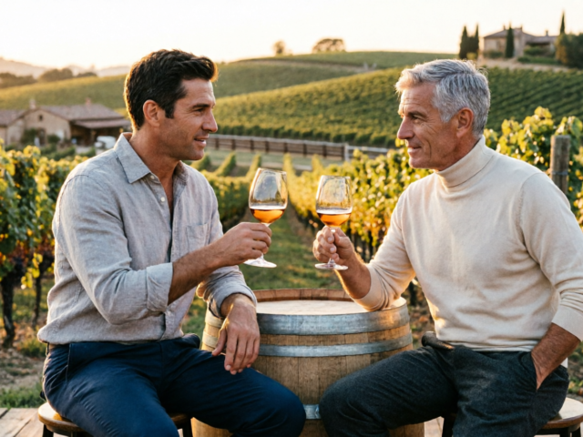 Two men toasting wine glasses together at a vineyard at sunset
