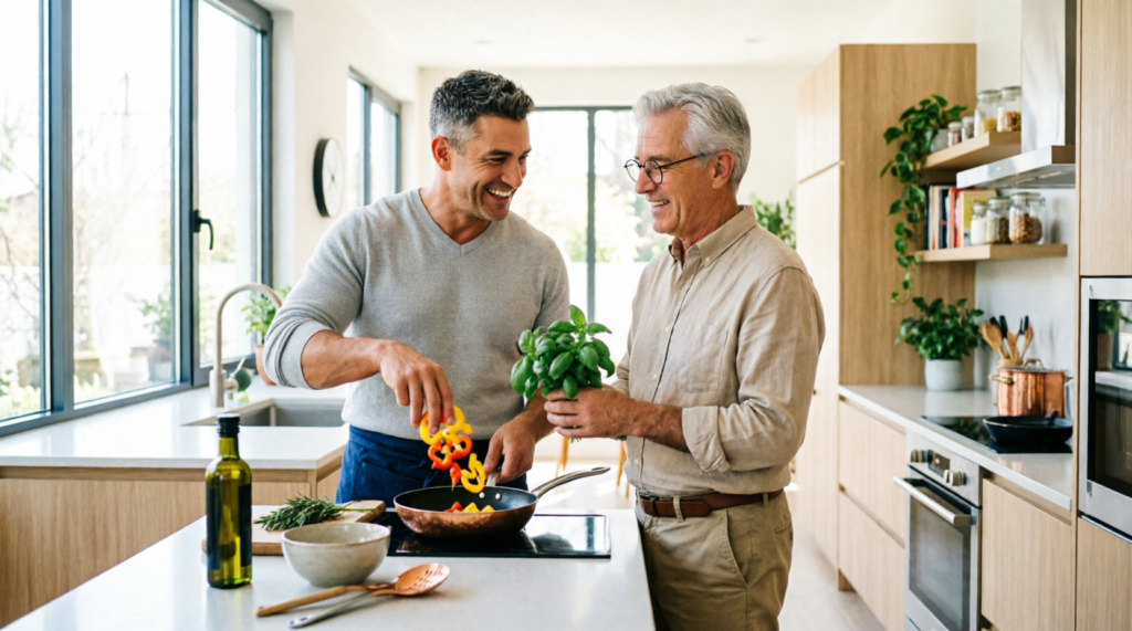 Two men cooking together in a bright kitchen, laughing while preparing a meal